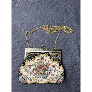 Vintage Tapestry Rose Purse Handbag Gold Tone Long Chain Strap Flower Clutch Bag